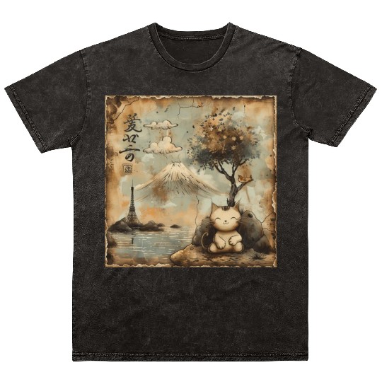 Mt. Fuji Kitten Papyrus Scroll Retro Japanese Art Mineral Wash T Shirts