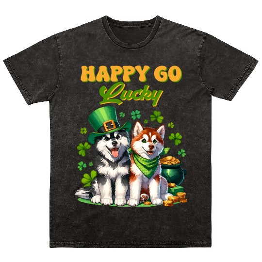 Happy Go Lucky Cute Husky St Patricks Day Mineral Wash T Shirts