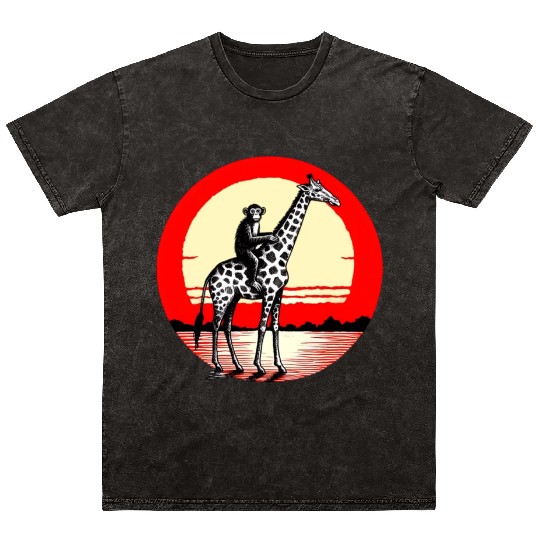 Sunset Safari: Monkey Riding Giraffe Mineral Wash T Shirts