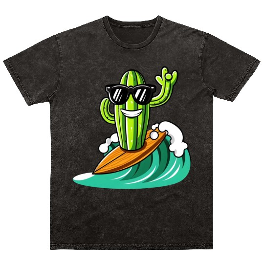Surfing Cactus with Sunglasses Unique Funny Mineral Wash T Shirts