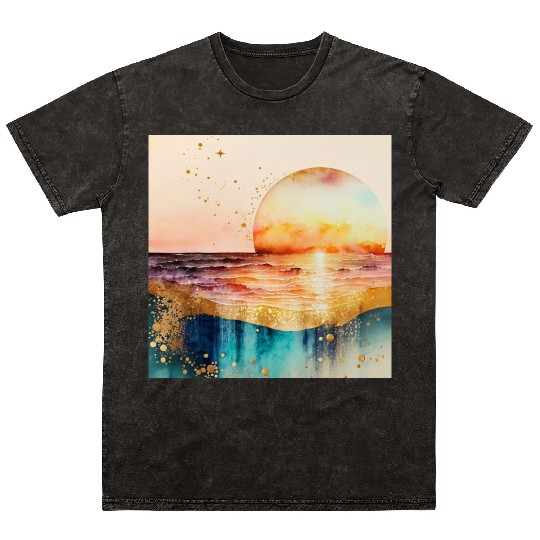 Sunset Beach Watercolor Painting Mineral Wash T Shirts