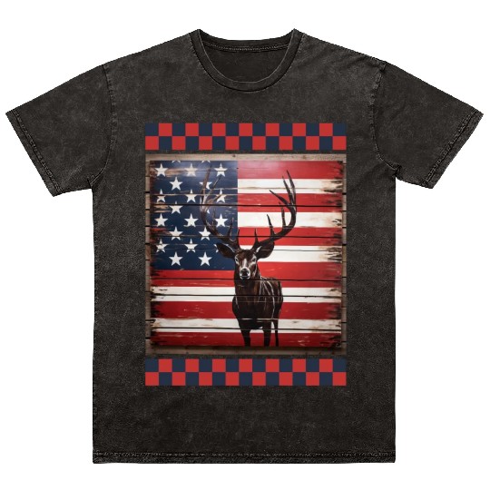 American Flag Deer Tracks Woodland Camo Hunting Mineral Wash T Shirts