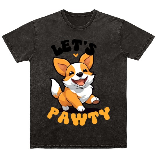 LET'S PAWTY Cute Happy Corgi Dog Mineral Wash T Shirts
