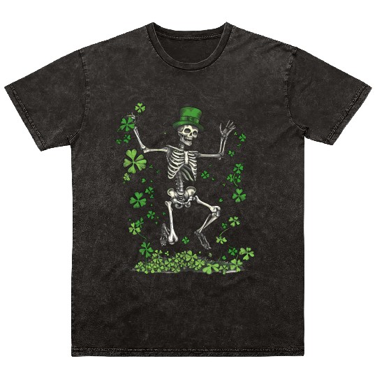 St Patricks Skeleton Dancing With Shamrocks Mineral Wash T Shirts