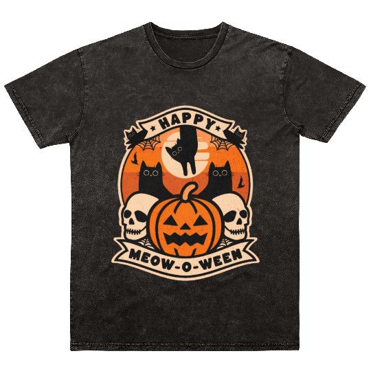 [THAM store] - Happy Meow O Ween Cat and Skull Mineral Wash T Shirts