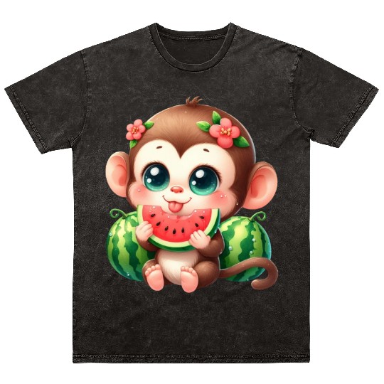 Monkey Eating Watermelon Mineral Wash T Shirts