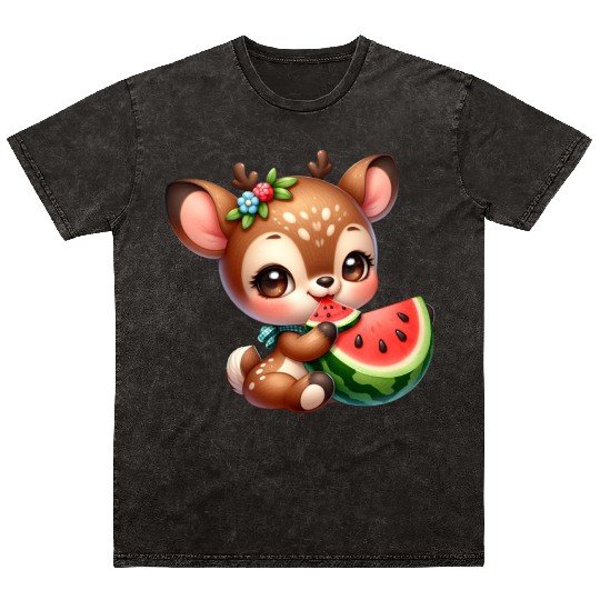 Deer Eating Watermelon Mineral Wash T Shirts