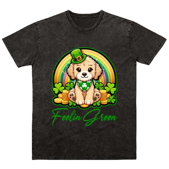 Feelin Green Puppy Rainbow Funny St Patrick's Day Mineral Wash T Shirts