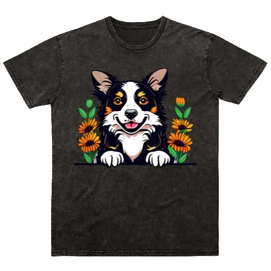 Happy Border Collie Dog With Flowers Mineral Wash T Shirts