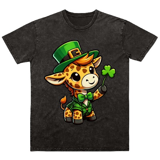 St. Patrick's Day Giraffe Cartoon Mineral Wash T Shirts