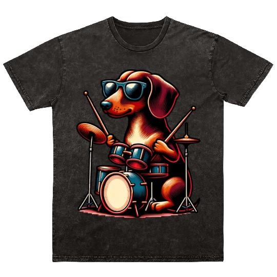 Dachshund Drummer Wiener Dog Design Mineral Wash T Shirts