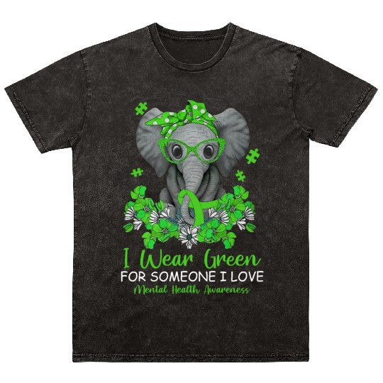 I Wear Green Cute Elephant Mental Health Awareness Mineral Wash T Shirts