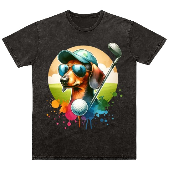 Cool Golf Player Dachshund Wiener Dog Design Mineral Wash T Shirts