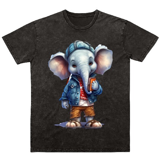 Cute Elephant Cartoon Mineral Wash T Shirts