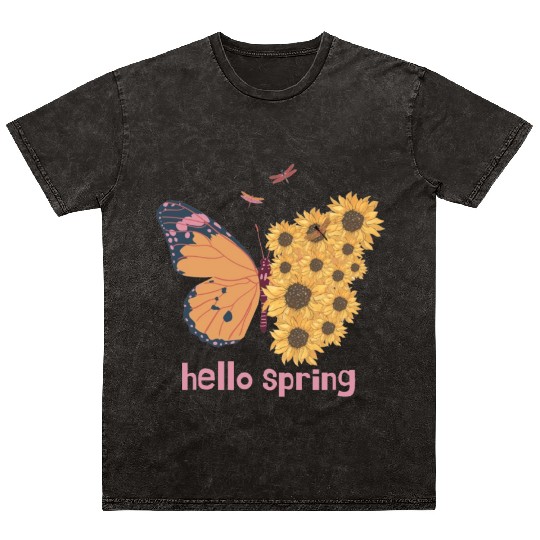 retro hello spring groovy flowers cute butterfly Mineral Wash T Shirts