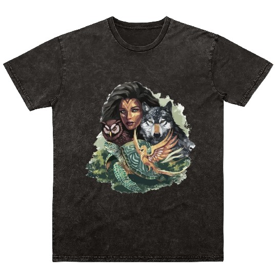 Wildlife Tribal Wolf Owl Turtle Woman for a Mineral Wash T Shirts