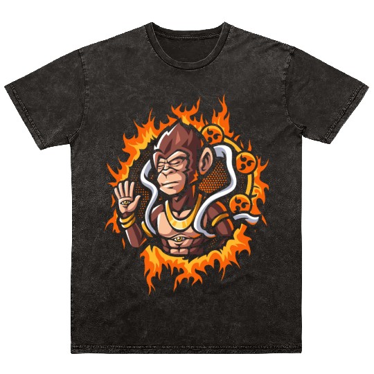 Goddes Ape With Halftone Fire Background Mineral Wash T Shirts