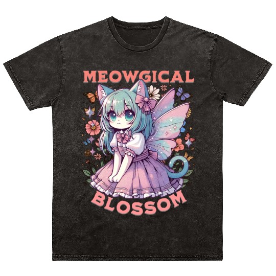 Meowgical Blossom Enchanting Fairycore Cat Fantasy Mineral Wash T Shirts