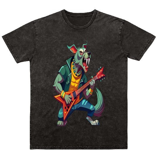 Wild Howl of Metal,Crazy Wolf Guitarist Mineral Wash T Shirts