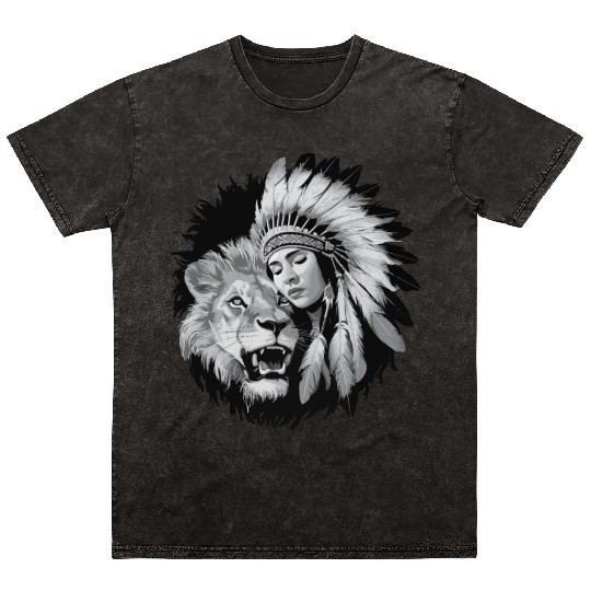 Native American woman and a majestic lion Mineral Wash T Shirts