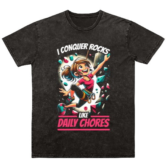 Bouldering Girl Boulderer Rock Climbing Wall Mineral Wash T Shirts