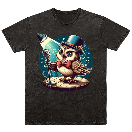 Cute Owl With A Hat Singing Karaoke Mineral Wash T Shirts