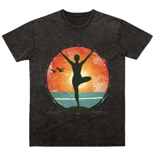 Sunset Yoga Silhouette Peaceful Scene Mineral Wash T Shirts