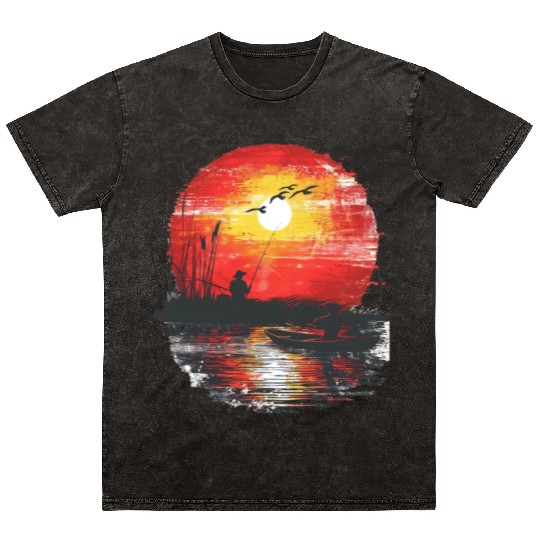 Sunset Fishing Serenity Scene Mineral Wash T Shirts
