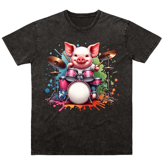 Watercolor Pig Drummer Farm Design Mineral Wash T Shirts