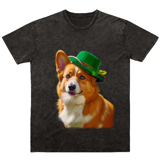 majestic Welsh Corgi dog with Irish Hat Mineral Wash T Shirts