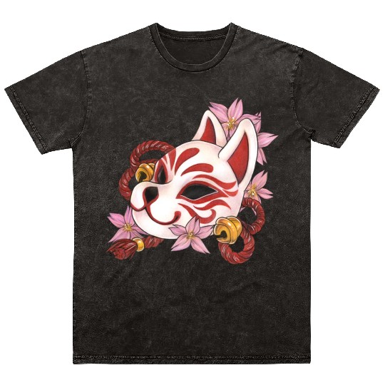 Great Kitsune Inari Kabuki mask with cherry blosso Mineral Wash T Shirts