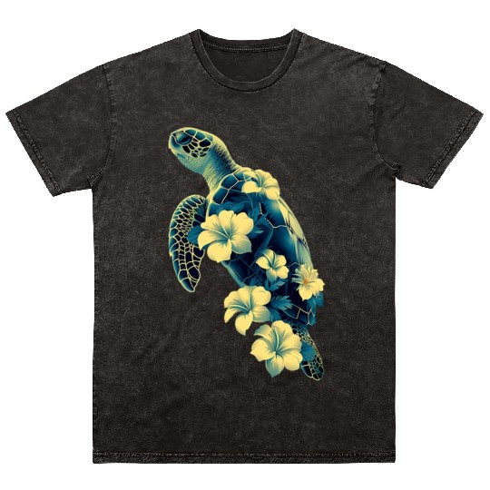Nature Inspired Floral Sea Turtle with Tropical Fl Mineral Wash T Shirts