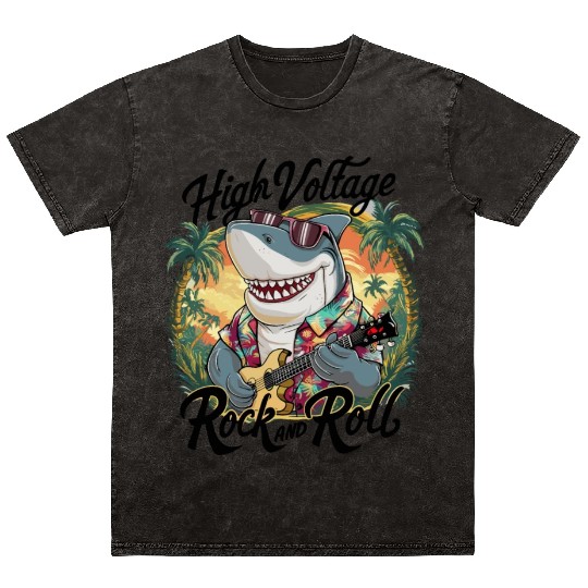 Funny shark with guitar summer beach holiday Mineral Wash T Shirts