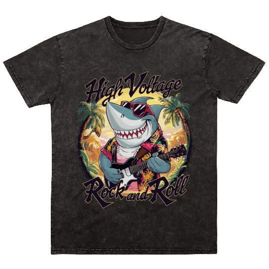 Funny shark with guitar summer beach holiday Mineral Wash T Shirts