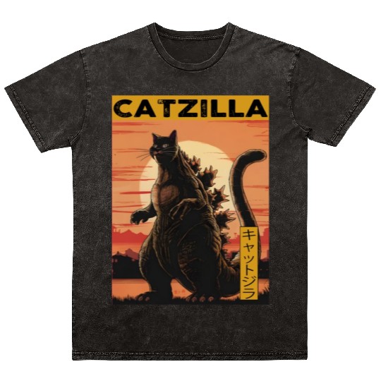 Catzilla Vintage Funny Cute Cat Art Japanese Sunse Mineral Wash T Shirts