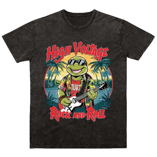 Funny Turtle with Guitar Rock and Roll Mineral Wash T Shirts