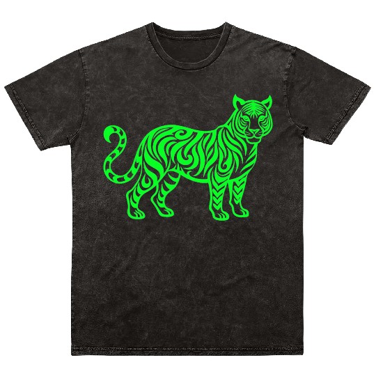 Bright Green Tiger Lineart Mineral Wash T Shirts