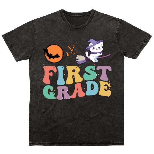 1st Grade teacher Kindergarten with cute witch cat Mineral Wash T Shirts
