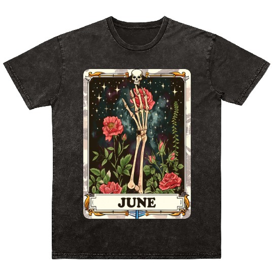 June Gothic Tarot Card - Rose Flower & Skeleton's Mineral Wash T Shirts