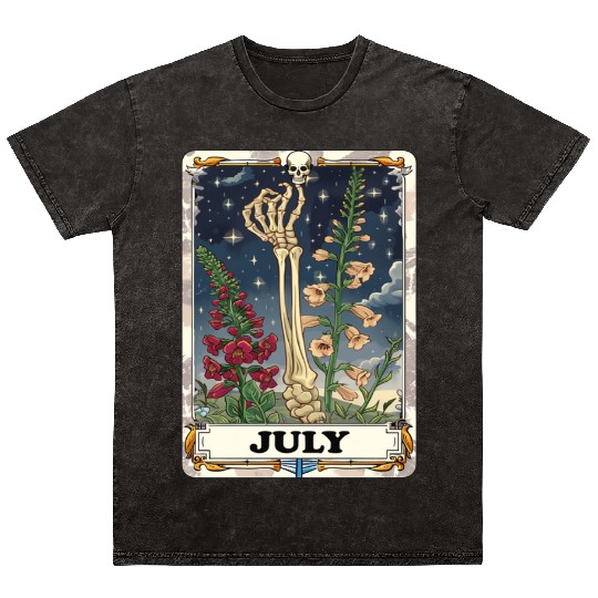 July Gothic Tarot Card - Larkspur Flower & Skeleto Mineral Wash T Shirts