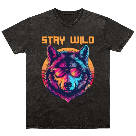 Stay Wild Wolf Colorful Retro Animal Sunglasses Mineral Wash T Shirts