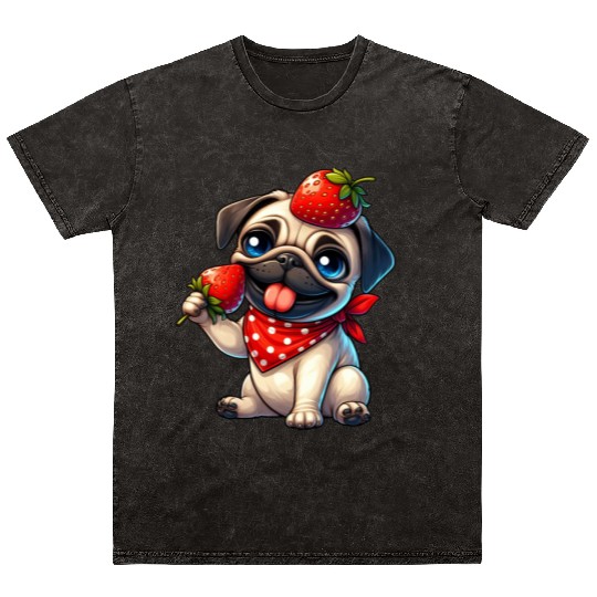 Quirky Dog Pug with Strawberry on Head Fruity Mineral Wash T Shirts