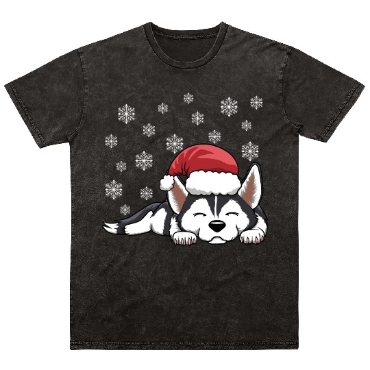 CHRISTMAS SANTA HAT SIBERIAN HUSKY DOG Mineral Wash T Shirts