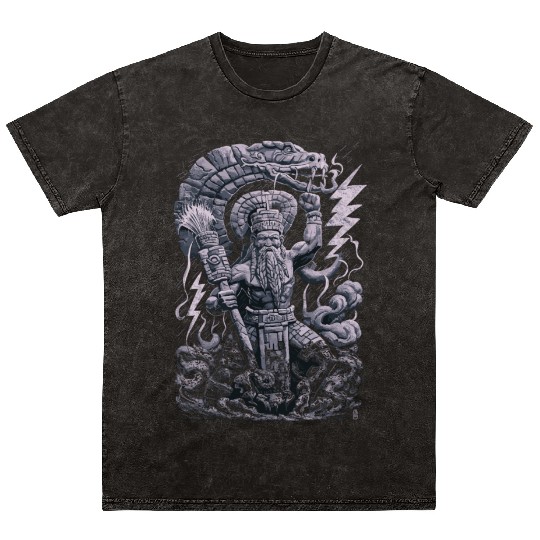 Maya God Mayan Mythology Chaac with Lightning and Mineral Wash T Shirts