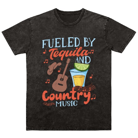 Fueled By Tequila And Country Music Western Cowboy Mineral Wash T Shirts