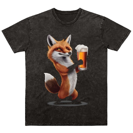 Fox Drinking Beer Realistic Mineral Wash T Shirts