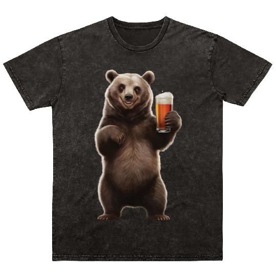 Bear Drinking Beer Realistic Mineral Wash T Shirts