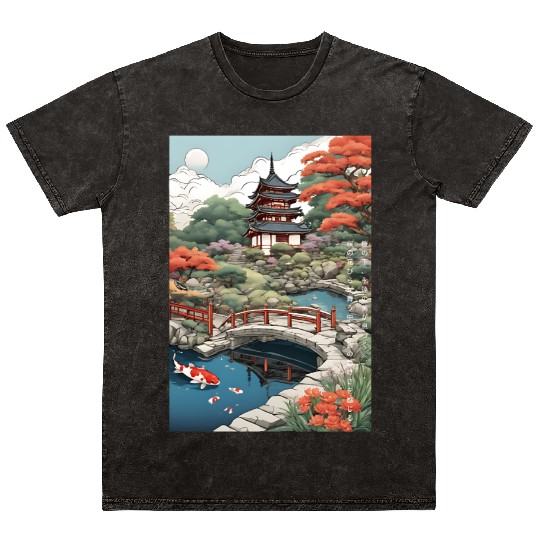 Serenity Under Cherry Blossoms- Japanese castle Mineral Wash T Shirts