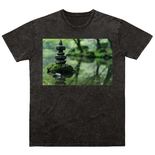 Zen Stone Stack Reflected in Tranquil Pond Mineral Wash T Shirts