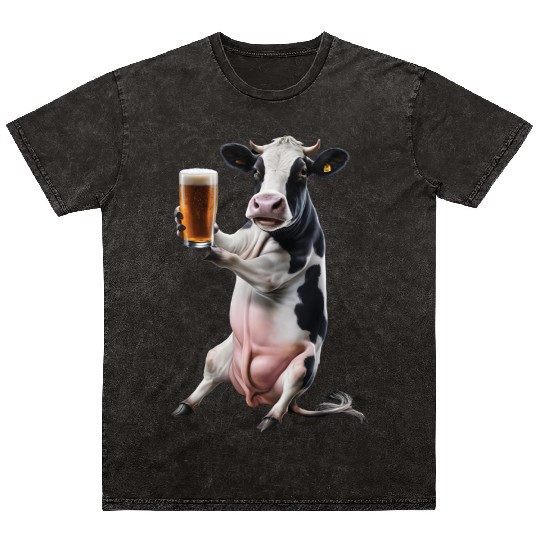 Cow Drinking Beer Realistic Mineral Wash T Shirts